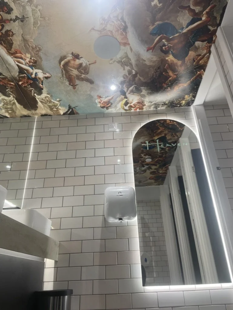 Bathroom ceiling decorated with a large classical painting mural featuring mythological figures. Mirror with built-in lighting reflects part of the ceiling art.
