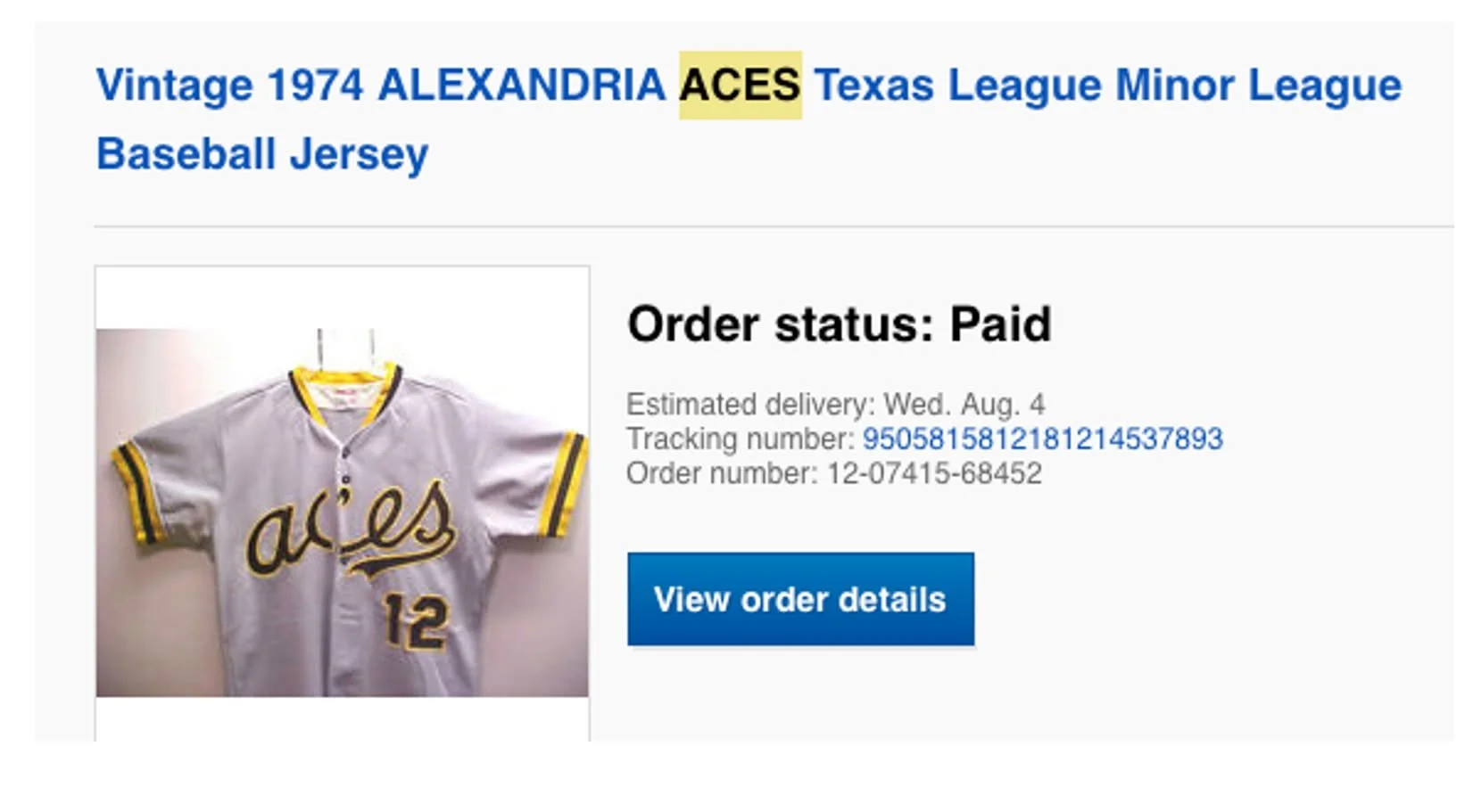 Summer 2021, a friend contacted me and suggested I take a look at an auction on eBay. I can’t find all the auction photos now, as hard as I have looked, but I found this one. This jersey was simply listed for sale as a 1974 Alexandria Aces road jerse
