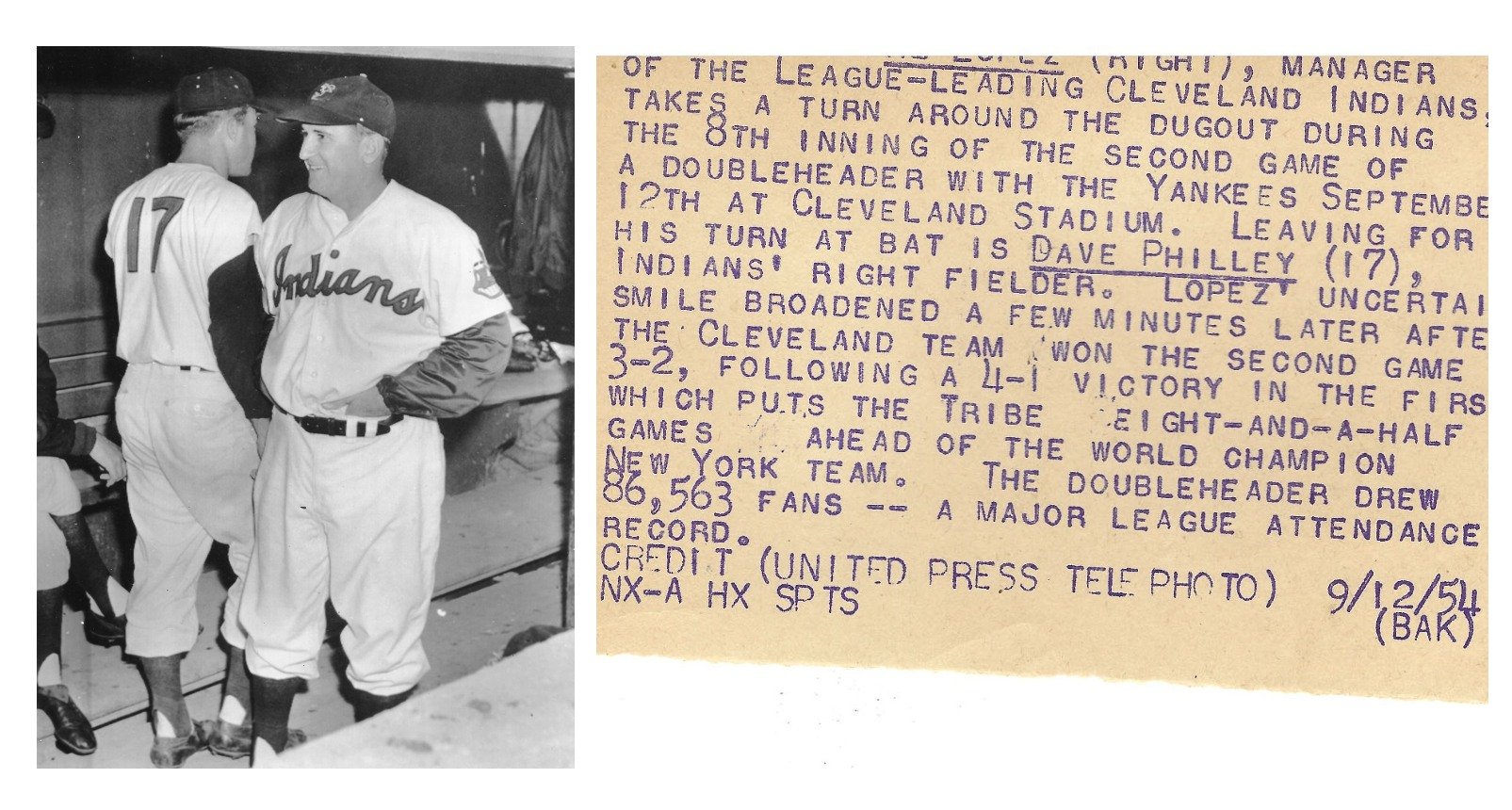 More searching in the photo archives uncovered a picture of Dave Philly standing in the Indians dugout in 1954 with his back visible. I wonder if this is the same jersey he was wearing then? Considering the players were issued only two sets of home a