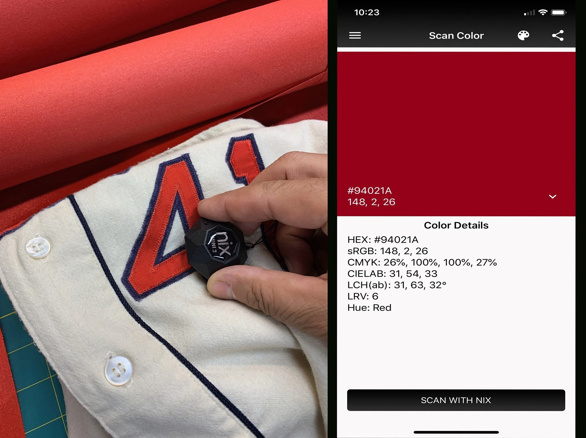 If you are a real geek— this part will light your fire, Here I am using a special tool called a NIX color sensor. It pairs with my iPhone and scans colors, giving me a detailed numeric analysis of the blend of magenta, cyan and process yellow in ever