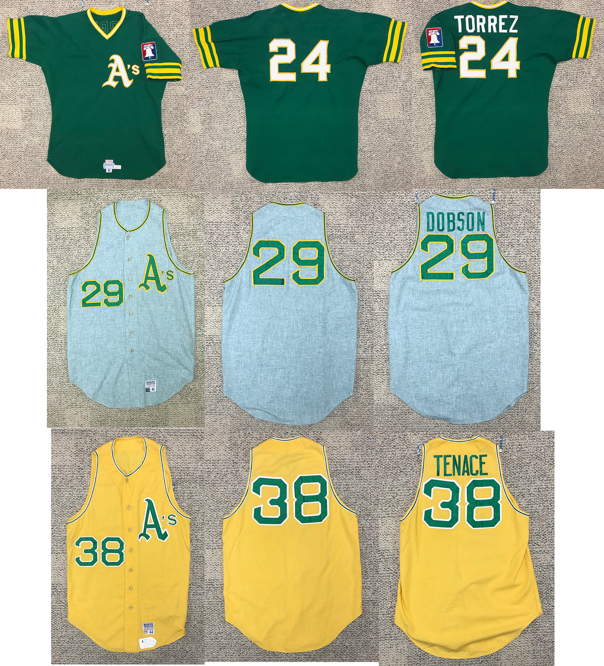 It was common practice for the A's to send player jerseys down to the minors after their use in the majors was through. Player names were stripped, and expert restoration is desired. Here are the three, with "before and after" photos. Follow along to