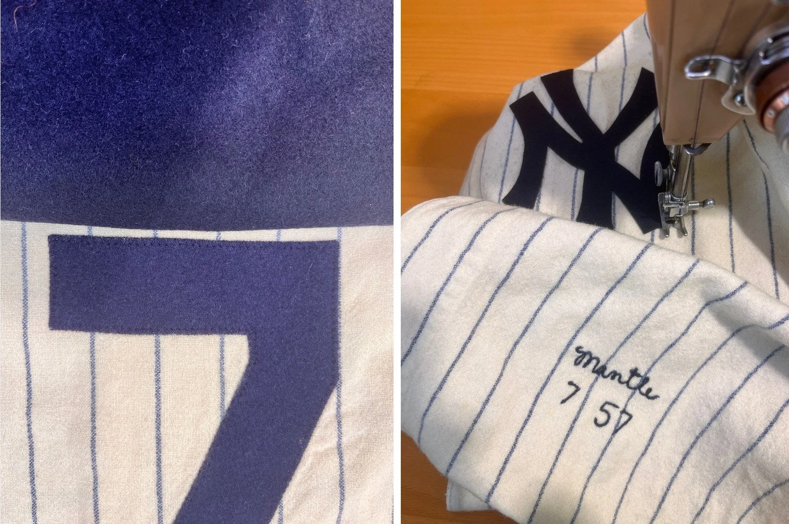 Newly cut from color-matching vintage wool felt, I stitched the emblem in place using a zigzag stitch that closely matched that of the back number 7, in size and frequency, on my 1957 Singer sewing machine. You don't get much more original than that!
