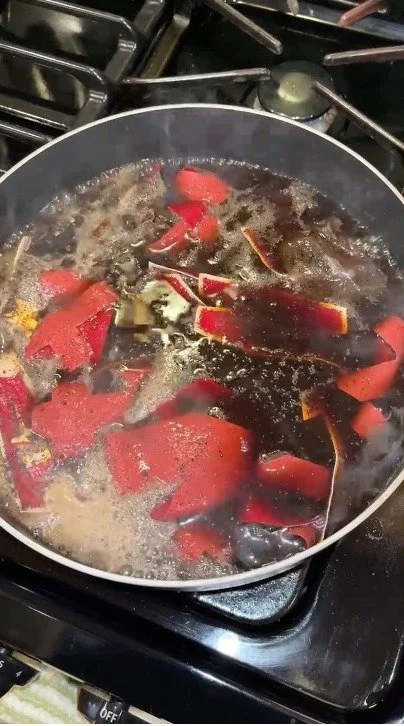 Normally impervious to dyes and bleach, tackle twill has a precious few substances that will stain it and make it look old. I mix up this concoction in my kitchen, and because this lettering is to be severely aged, I boil it on low for about ten minu