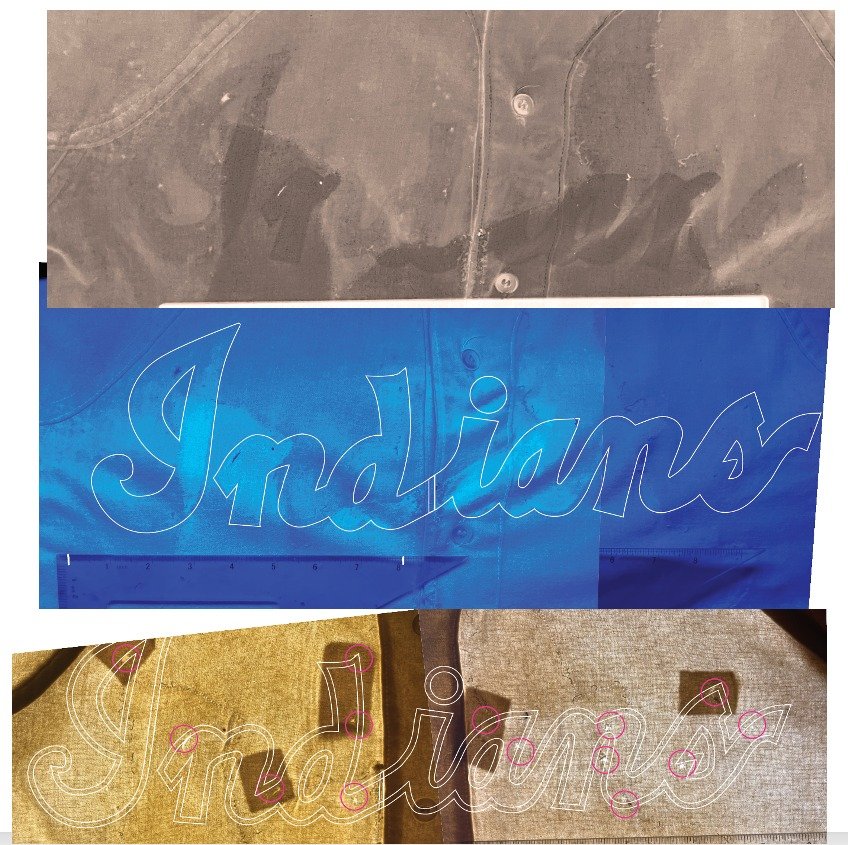 Now it was time to get to work. In this grouping of three pictures I was able to take stock artwork I had created some years ago to restore another Indians jersey and lay it on top of this jersey. Not surprisingly it did not exactly match. This happe