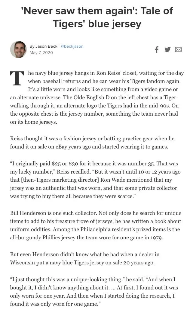 For their 25th anniversary, Baseball writer Jason Beck wrote a detailed story on these jerseys for which I was interviewed. You can read it here. https://www.mlb.com/news/featured/tigers-1995-blue-alternate-jerseys

Excerpting from that article, Beck