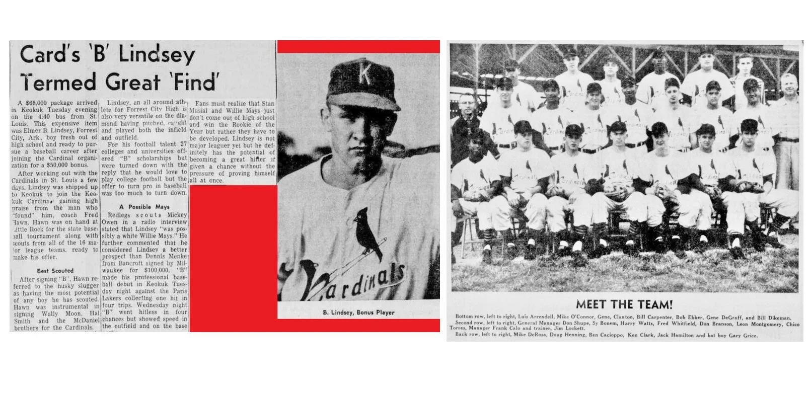 Pulling charts of all of the Indians farm teams and comparing them to the Cardinals farm teams from 1955 through 1960 revealed the answer. Research shows that the Keokuk, Iowa Minor league Level B team had been named the Kernels (Indians affiliate 19