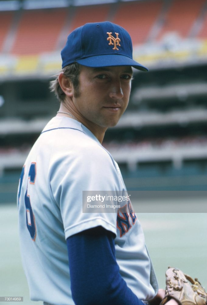 Jerry Koosman had an illustrious twenty-year career, much of it with the Mets. He is shown here in 1973 in his road uniform (I'd recognize those seats in Philadelphia's Veterans' Stadium anyplace!) It is this very jersey that has been sent to me by M