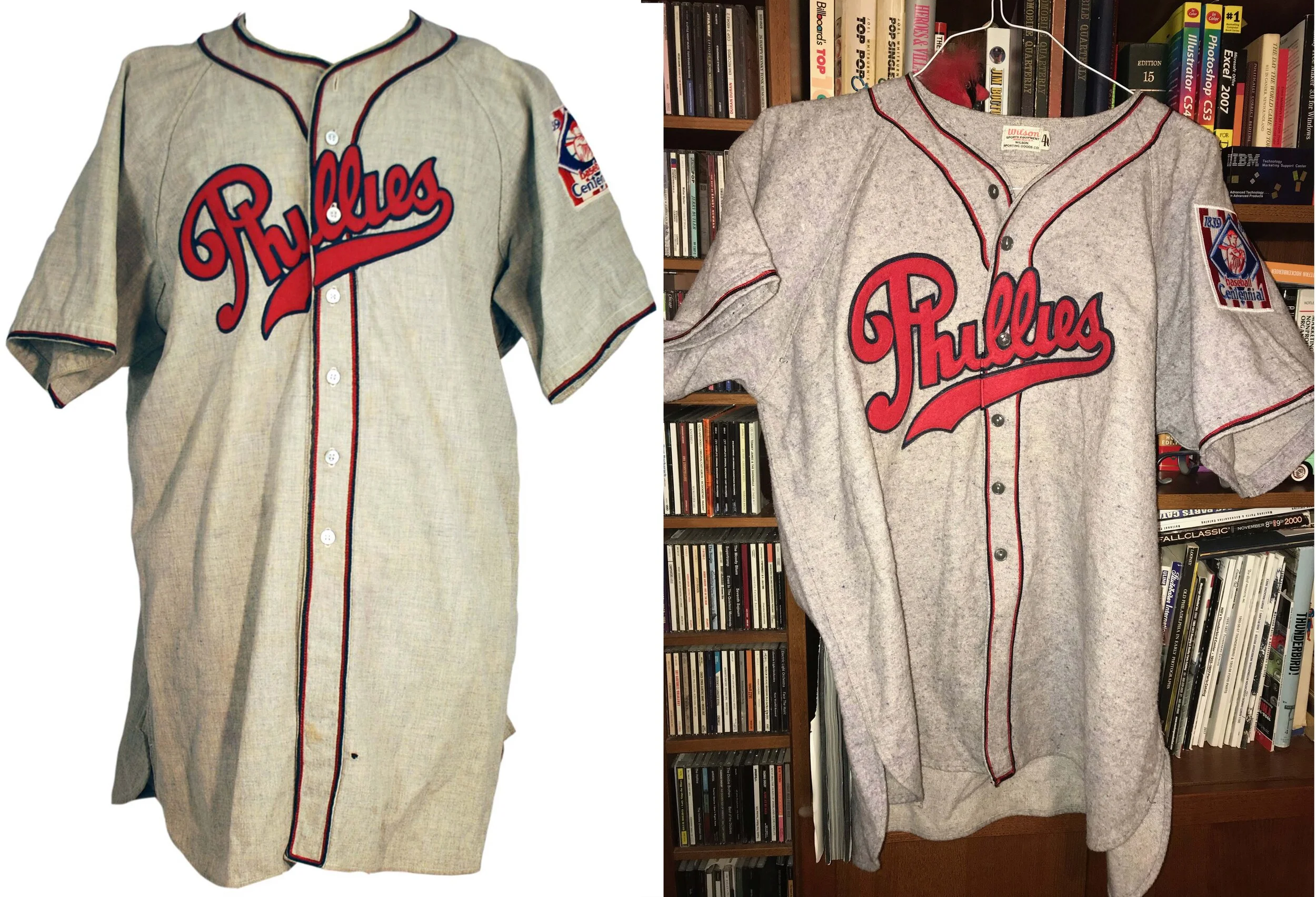 Left: An original, unrestored 1939 Phillies jersey. Right: our finished recreation.