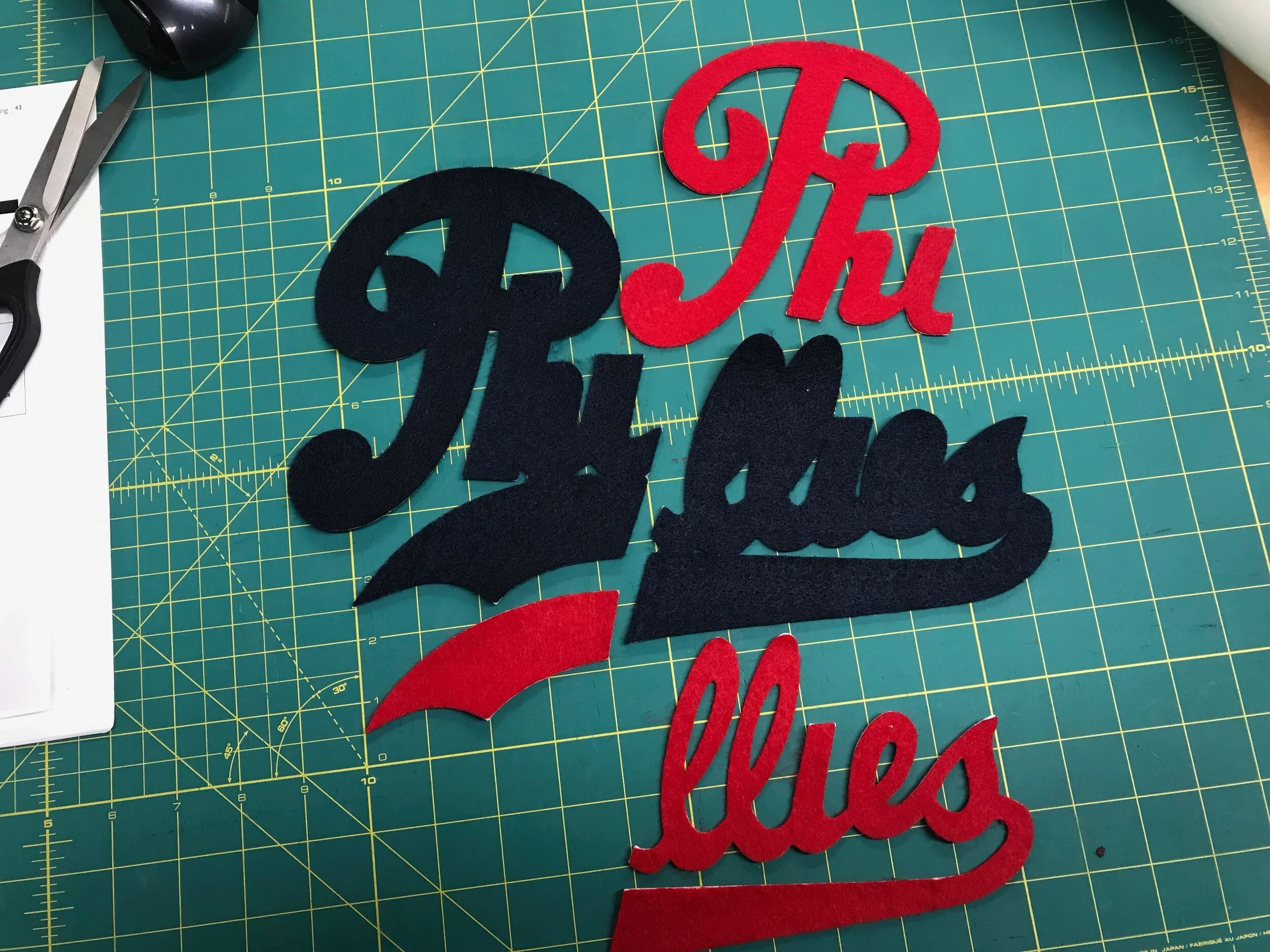 The cutter produces a total of five pieces. Before cutting the felt, I "back" it with a lightweight interfacing that helps stiffen it, and then apply a final layer of plastic film that will "glue" the layers together for the next steps.