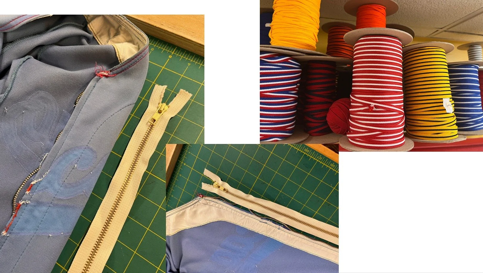 The jersey needed a new zipper. I was able to source a brass replacement with an identical white backing to the original. Original 1972 zippers were made by Talon, and these are available with a lot of searching from vintage stock, we oped to go with