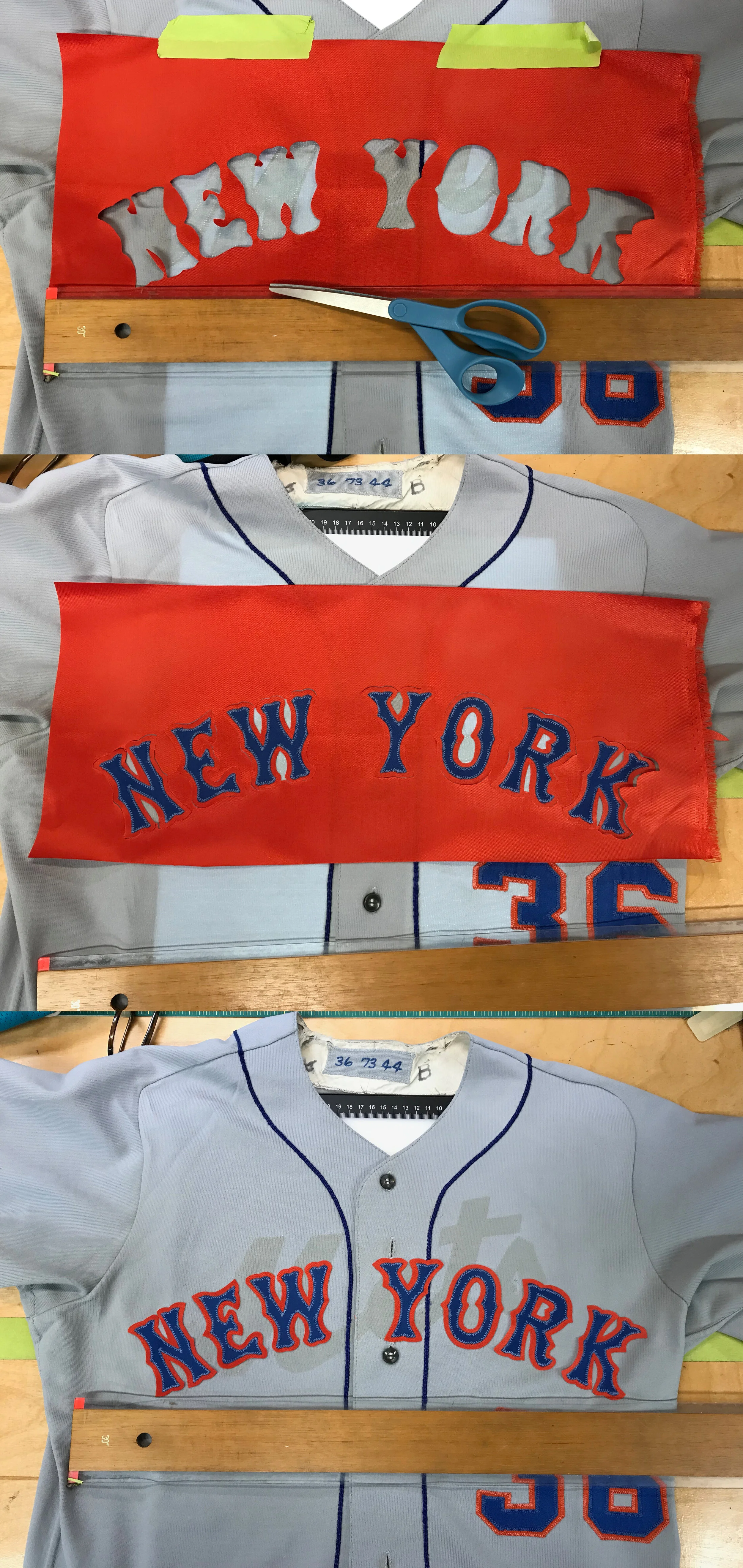 Now, we can apply the lettering. I placed the actual jersey on the light table to make a template, which shows me ghosts of where the original lettering was sewn. This way, there is no guesswork when applying the replacement lettering. (Click to enla