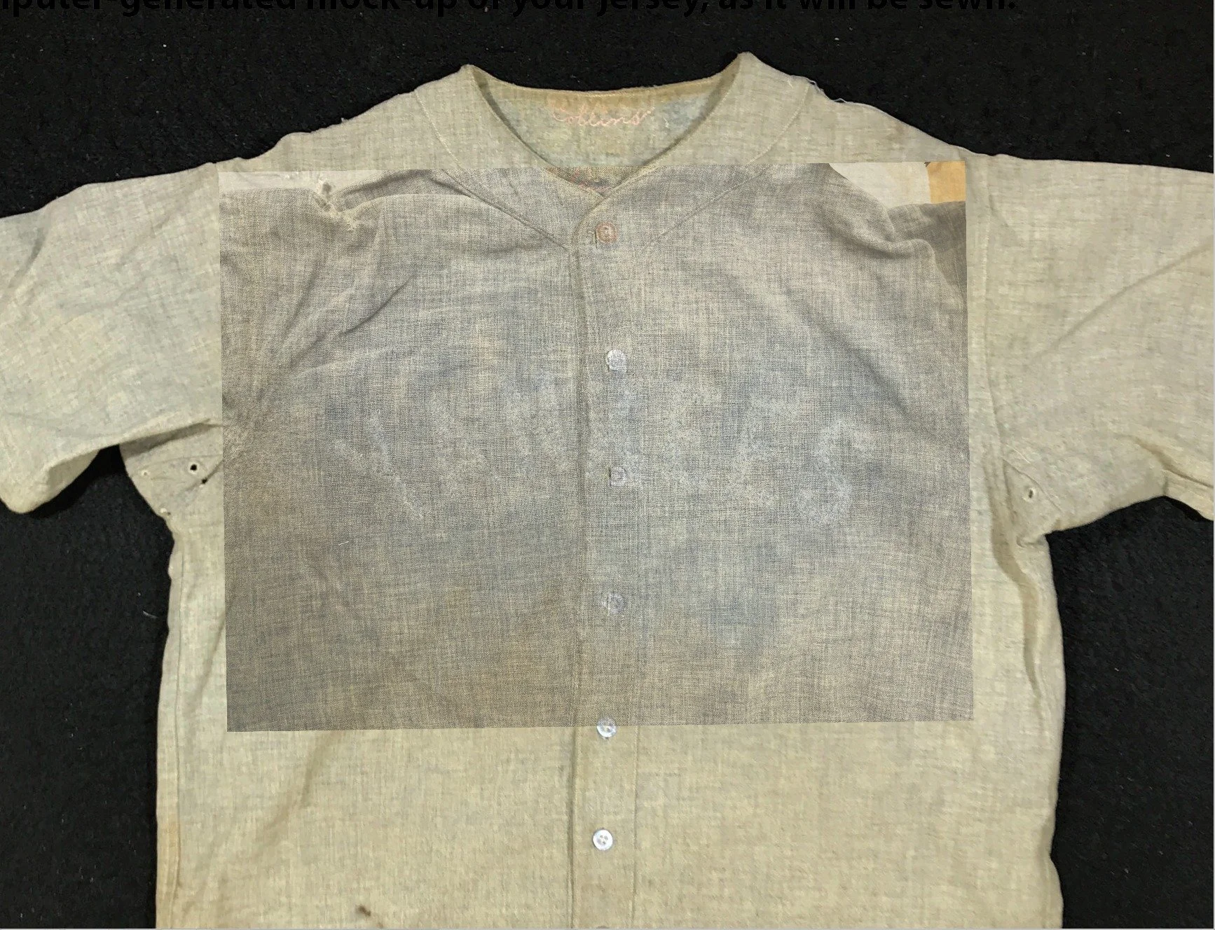 
Next I precisely overlay the two images, making the top one semi-transparent The result is a perfect, 100% of original size image of the lettering ghosts. But we are not done yet.

Finally, I overlay the auction photo of Babe Ruth’s jersey, also blo