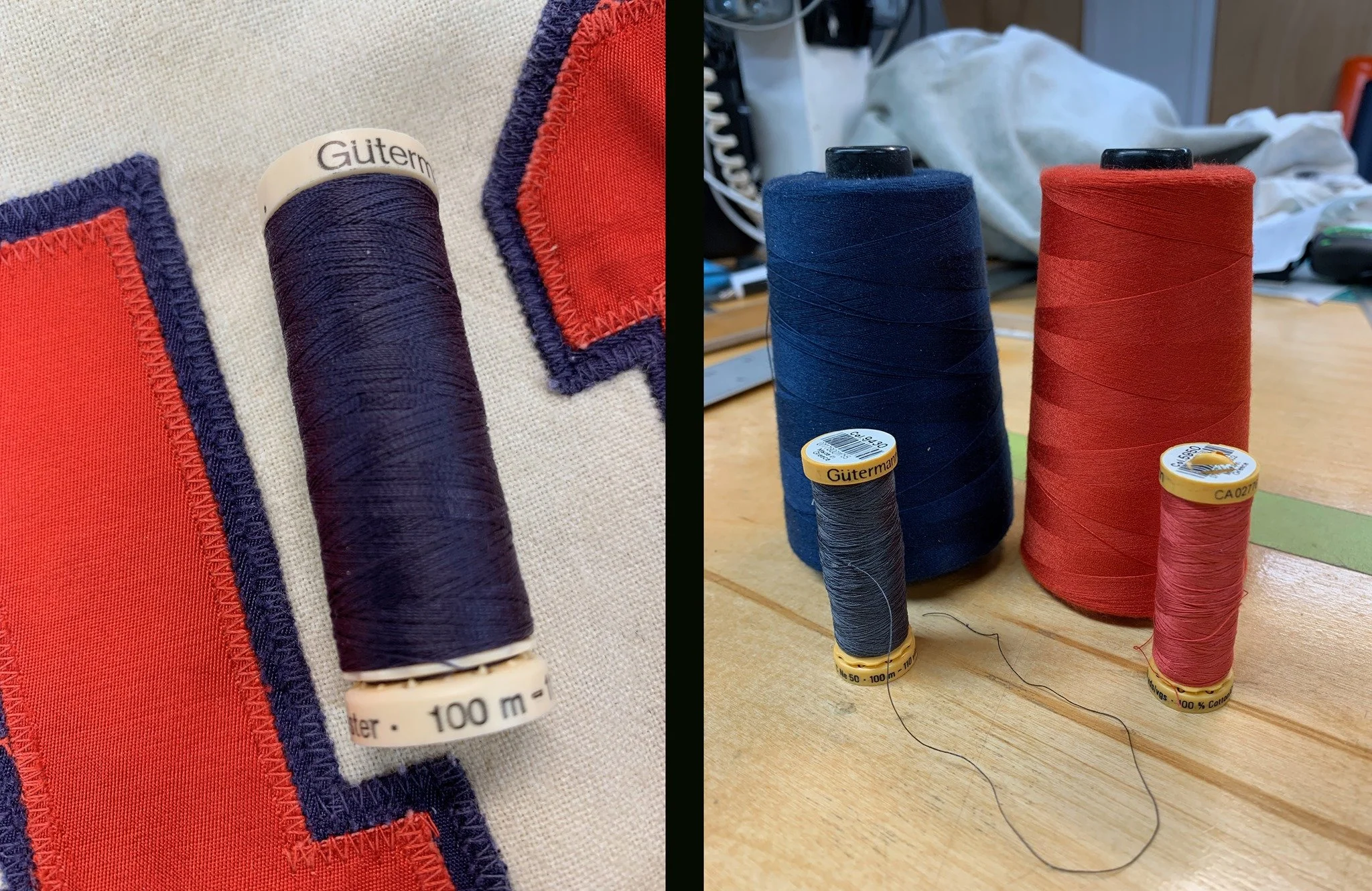 Thread matching is an important next step. Usually made with a cotton blend, the thread used to hold the lettering generally has faded even more than the lettering itself. I keep a selection of “bleached color” threads to match the aged originals. My