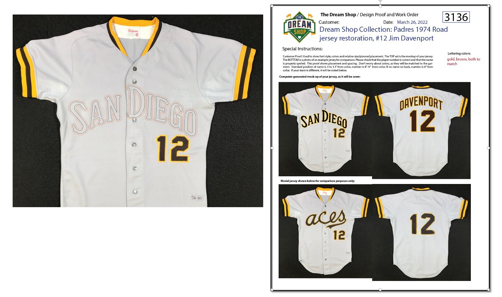 Luckily, I already had a recreation of the Padres road script, scanned from a rare original I had restored and authenticated some months before, and overlaying the template onto the jersey on the light table, I could see several other places where th