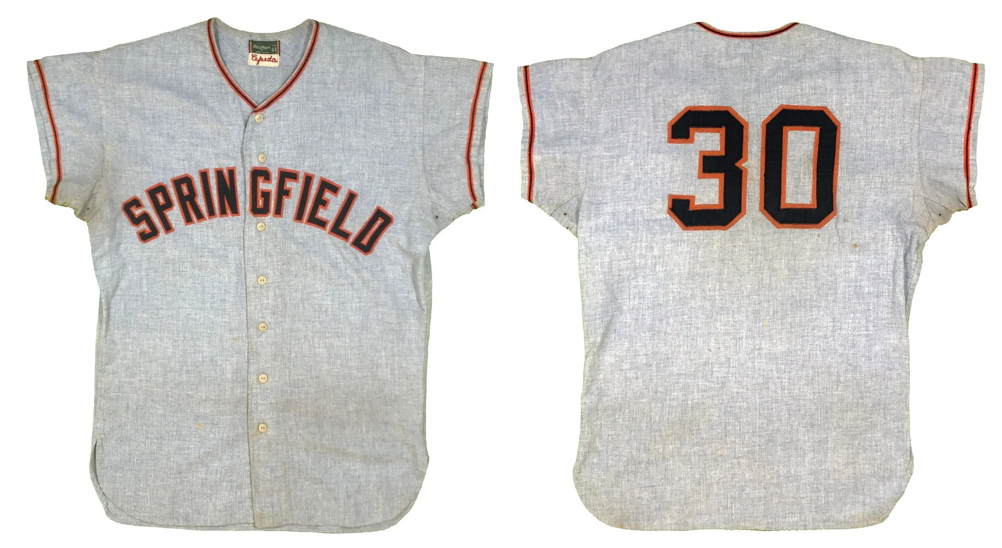 This game worn gray flannel McGregor jersey came my way from collector Mark H. While it still had Cepeda’s retired number 30 on back, the front had been converted to say “Springfield” as it was unceremoniously sent to the minor leagues along all the 