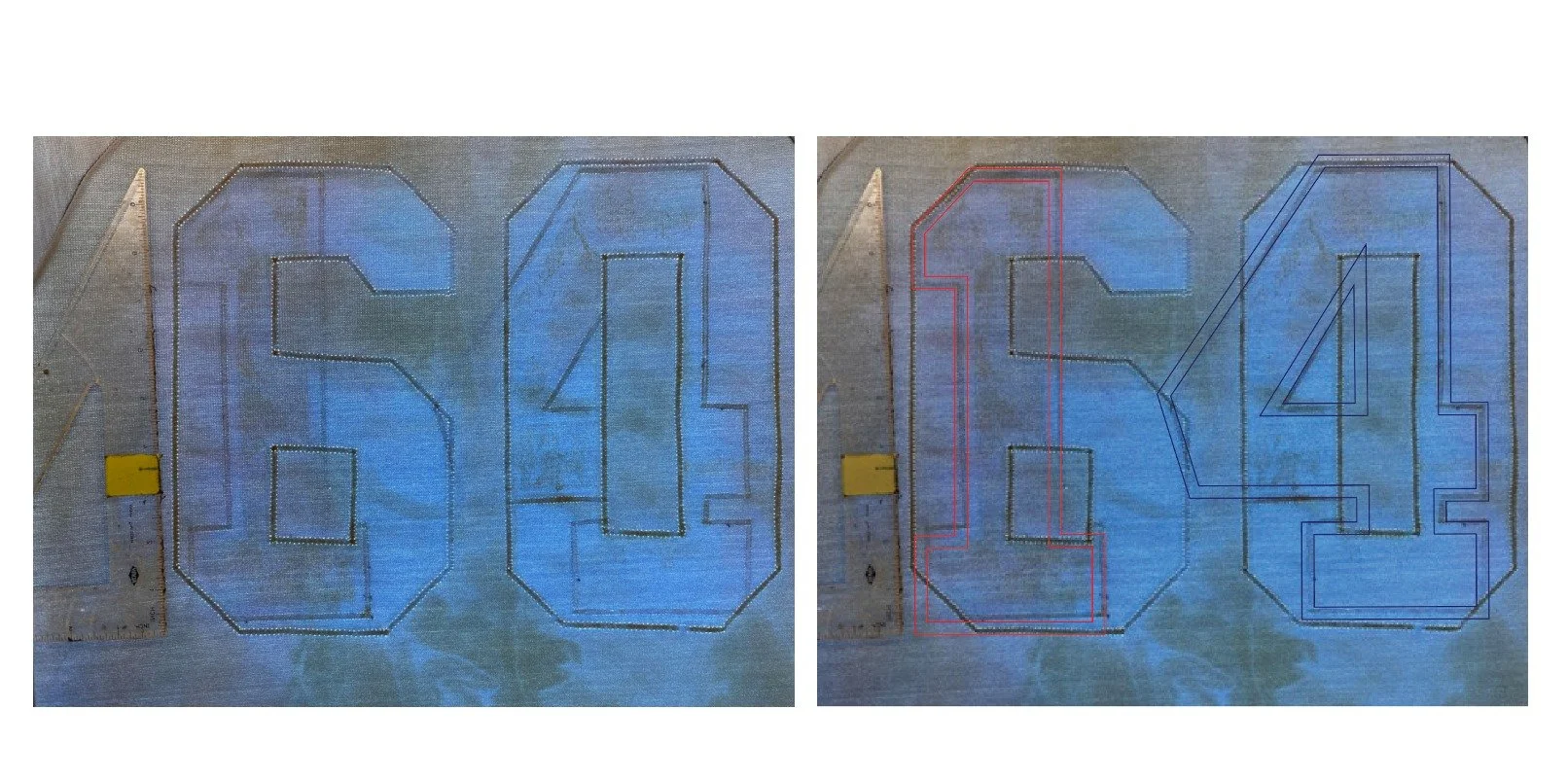 The light table is used to lift the images of what was once sewn to it. After doing this for many years, I have amassed a fairly compete set of team patterns culled from handling and authenticating so many jerseys. But when a jersey is this worn out,