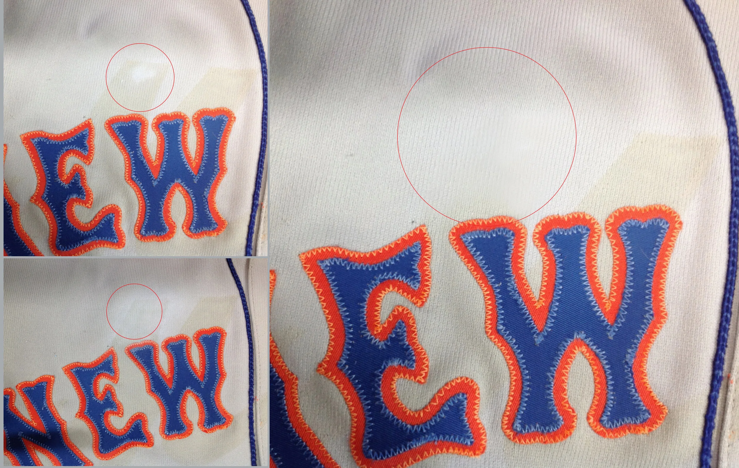 Using a blush-application brush, we carefully daub the colored chalk only onto the dark area of the fabric. While this is certainly not a permanent repair, it will make the museum display more striking. And truthfully, leaving some evidence of the ol