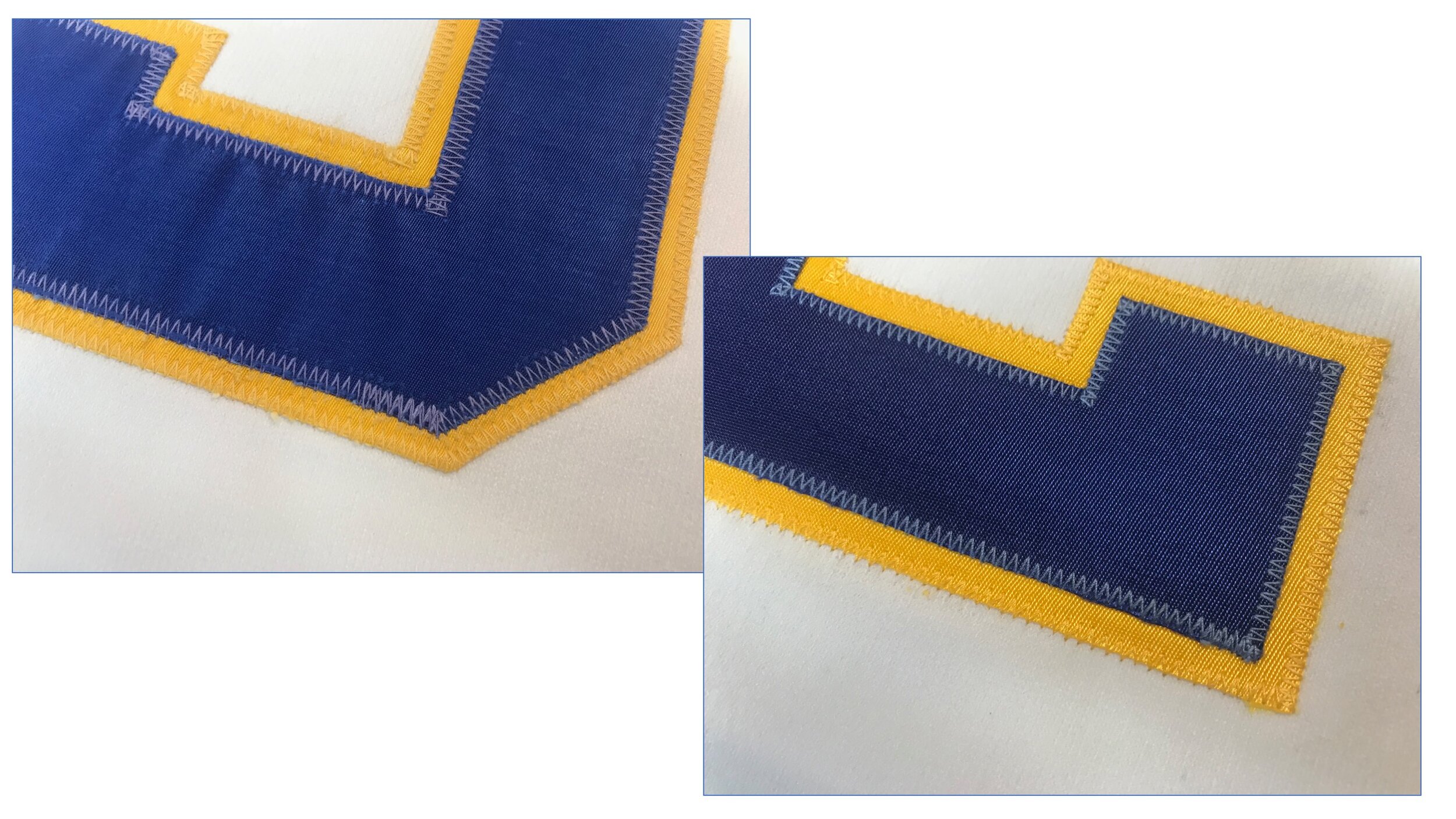 Here are close-ups of the back numbers. The finished stitching shows our success -- the original "5" is at left; the new "2" is on the right.