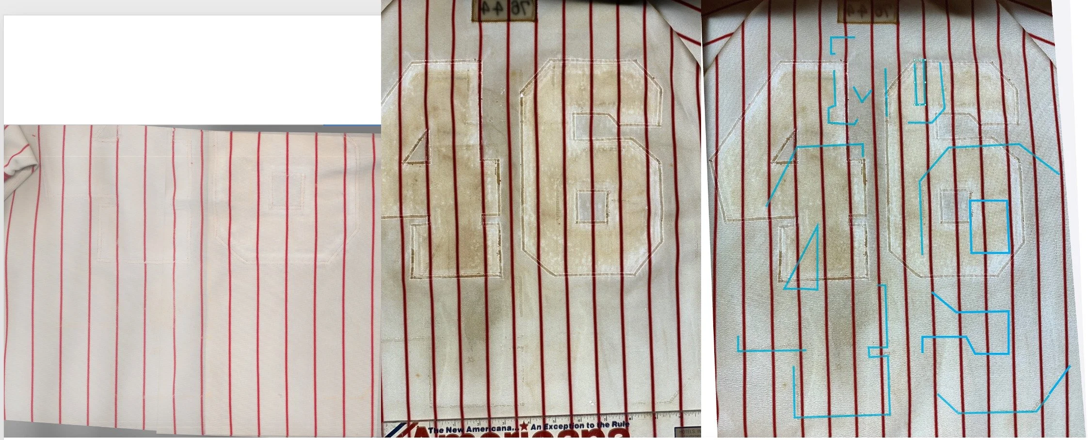 I strongly suspected we had found one of these rare beasts, hiding in plain view. Guy gave me the permission to strip off its back numbers to see what we could learn. The jersey was tremendously dirty, and finding the outlines on the light table was 