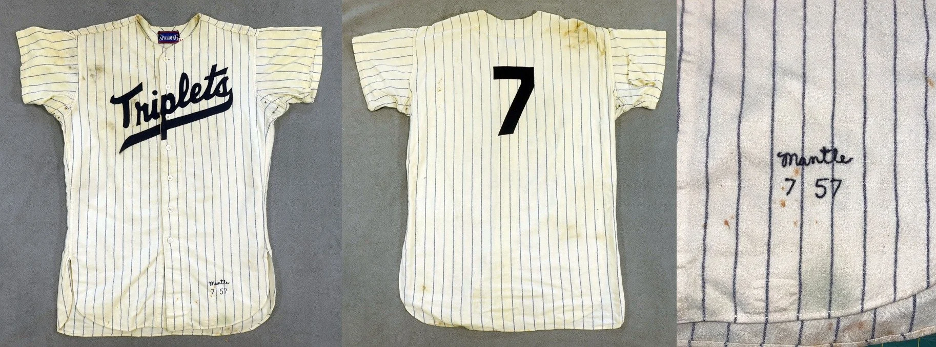 As received, the Triplets crest from the late 50s was still stitched to the front. Mantle’s number seven was on the back, and his name is embroidered in the tail, one can only imagine the thrill of the player to whom this jersey was issued in the min