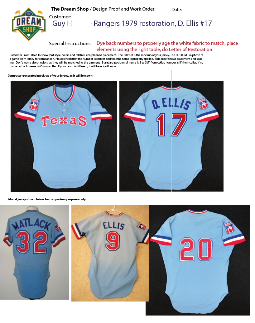 I prepared this proof for Guy to approve, showing the style and placement of the new lettering. The actual jersey of the *other* Ellis, catcher John Ellis, is shown here. It also uses the condensed font! (Click to enlarge)