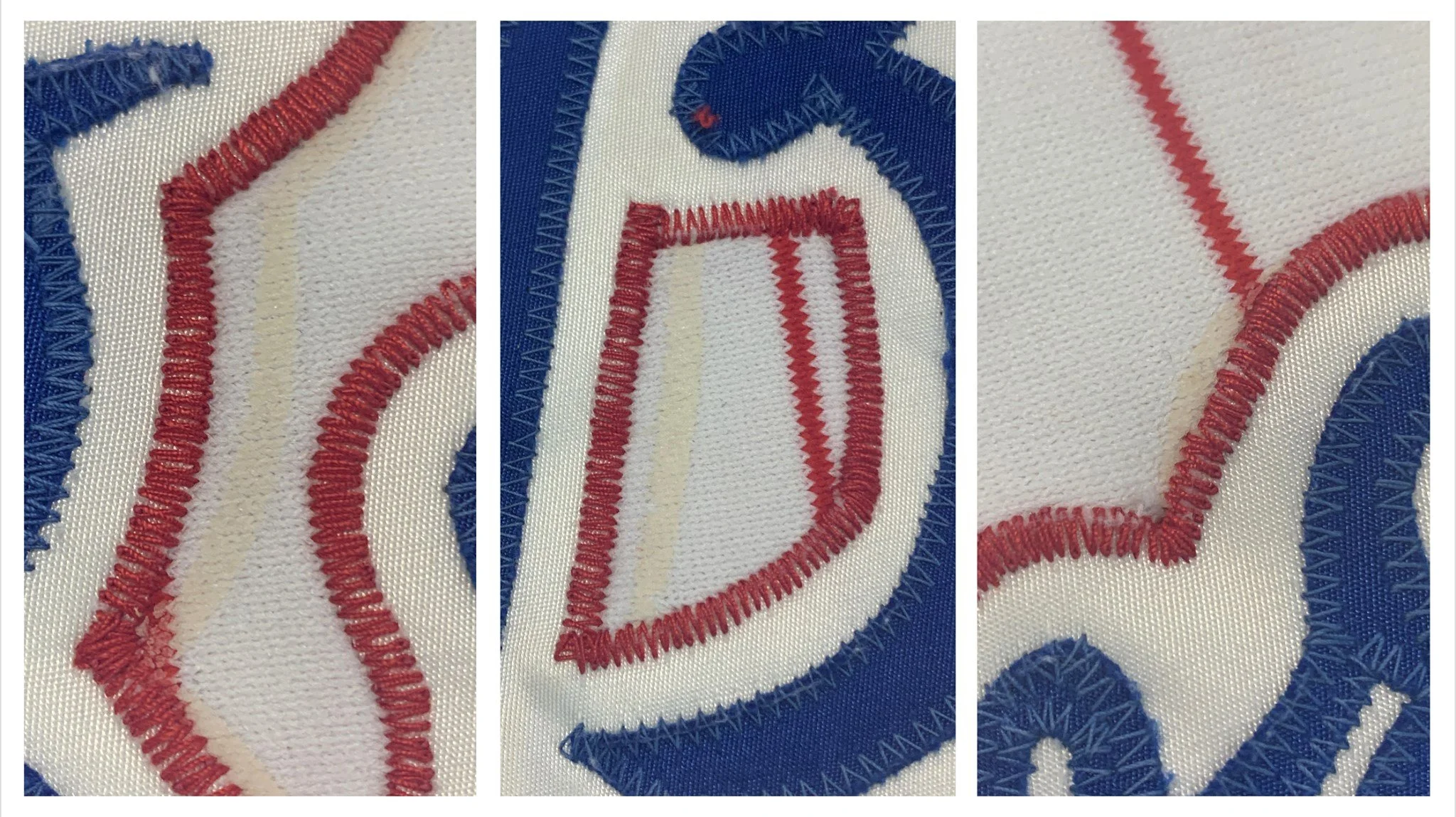 I noted in a couple of places where the Braves wordmark looked like it had been removed and re-stitched. My supposition is that it had gotten so ratty and puckered that the minor-league team ripped out all the red thread, ironed the fabric flat and r