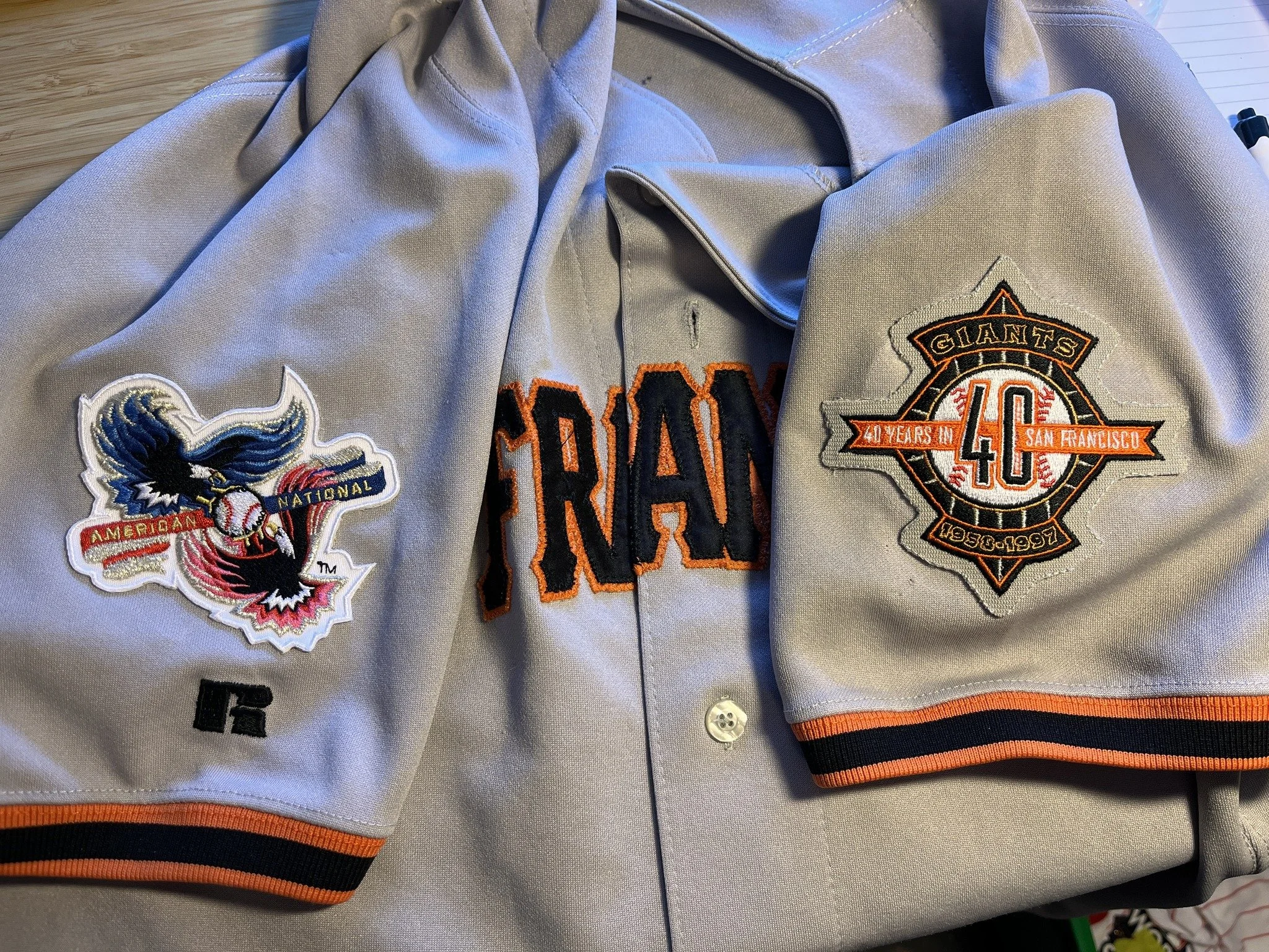 Another very-limited edition: I was commissioned by a collector to recreate the long-unavailable Giants' "40th Anniversary in San Francisco" sleeve patch for his restoration. Oddly, this patch, embroidered on a gray background,  was worn in 1997 only