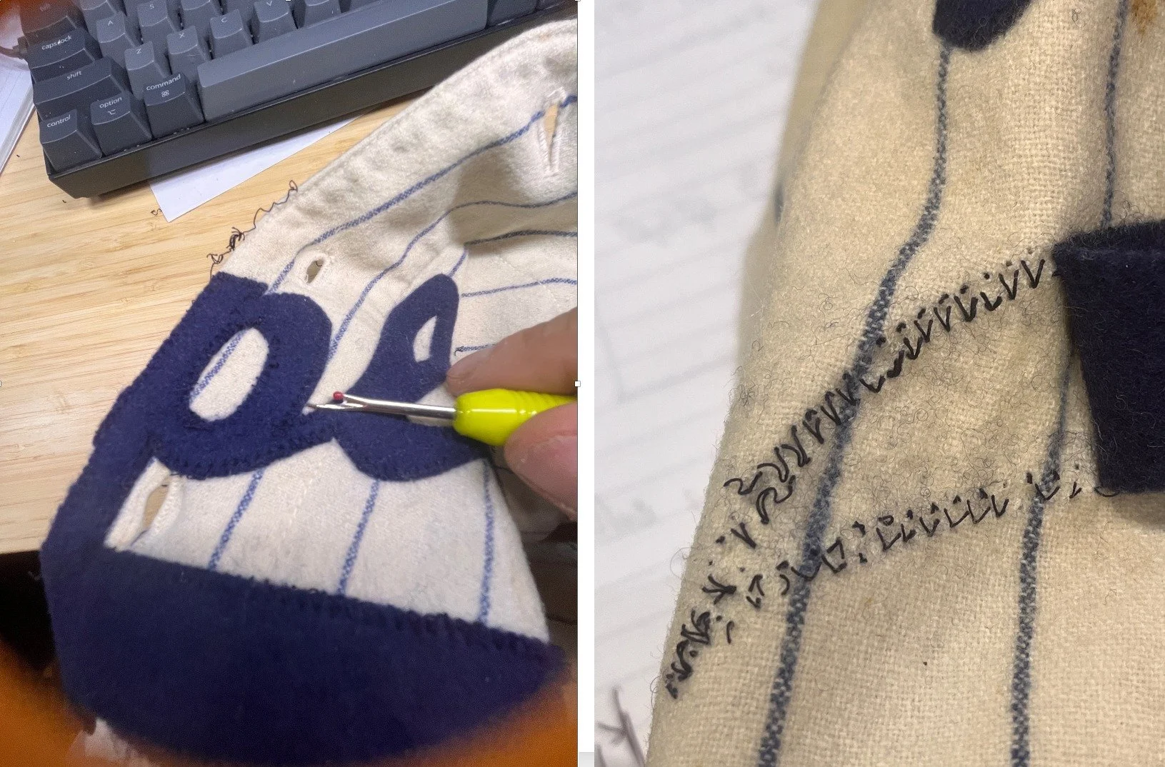 The first step is to carefully remove the Triplets crest from the front. This needs to be done with a magnifying glass, with a seam ripper, and done one stitch at a time.

After the Triplets crest has been removed, we can get started with the light t