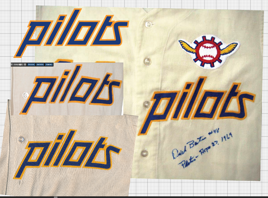 I first compiled a grouping of existing Pilots logos from my files. Notice that two of these examples have the "S" sloped down. This is probably where the prior restorer got his incorrect data.