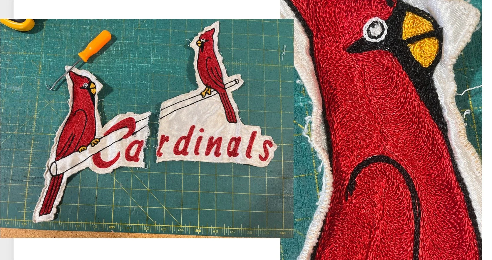 I removed the appliqué on the front one stitch at a time. It was clear that this was no hack job, the Cardinals crest on the front had been hand chain stitched in excruciating detail onto a piece of satin, its edge had been tightly bound with a surgi