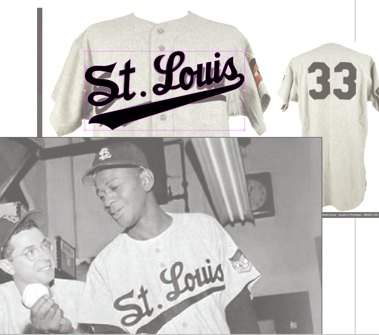 We found a few pictures of the jersey we wanted to create. Finding period photos of the Browns is not easy. But, using the ones available, I was able to create an exact replica of the front wordmark used only in 1952-53. 1953 was the Browns’ final ye