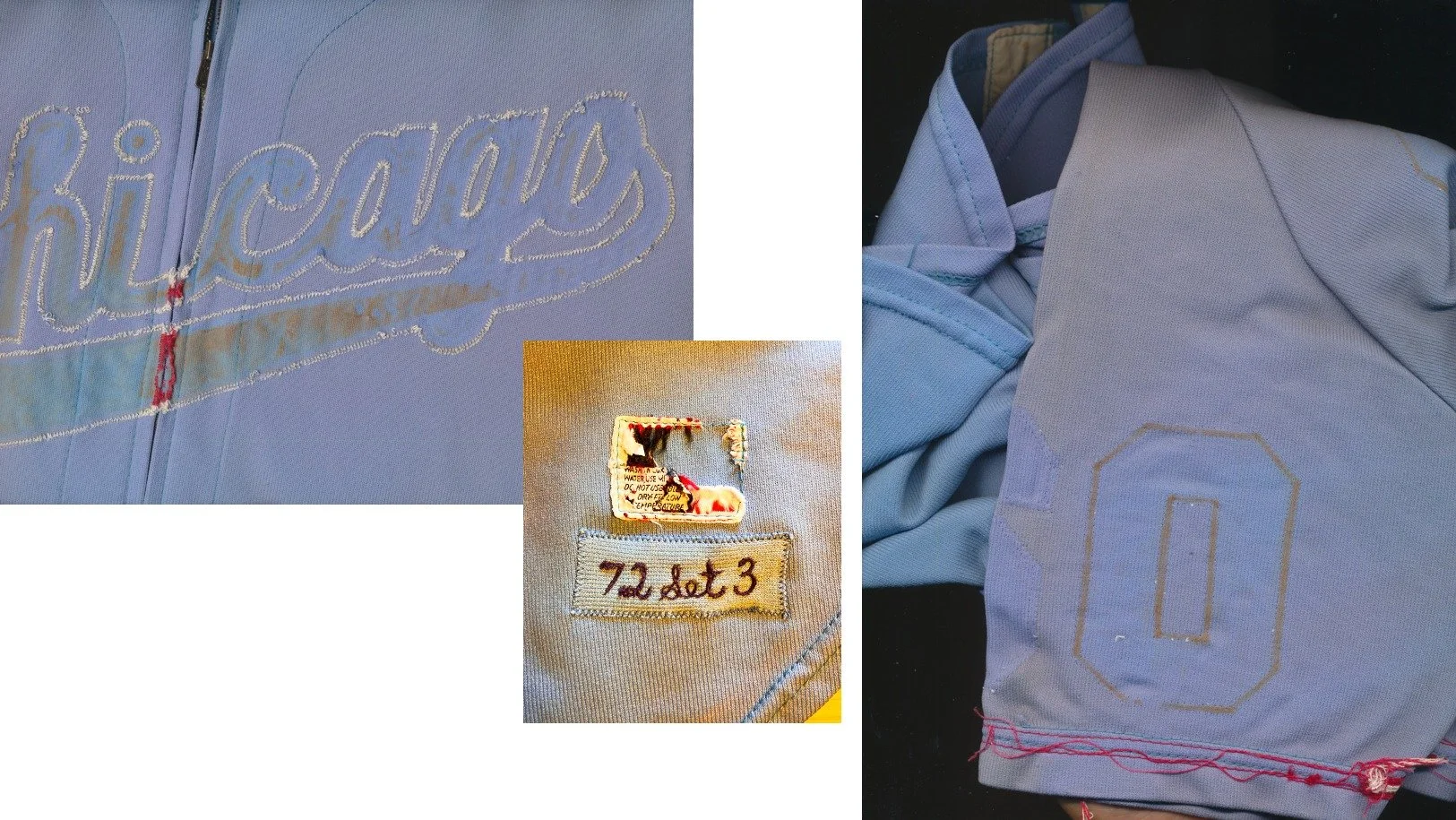 Close up, we could see what appeared to have been a washing machine disaster, the fabric was stained purple in many spots, then bleached by the sun especially on the shoulder tops as is common. Glue and thread remained showing the outlines of its his