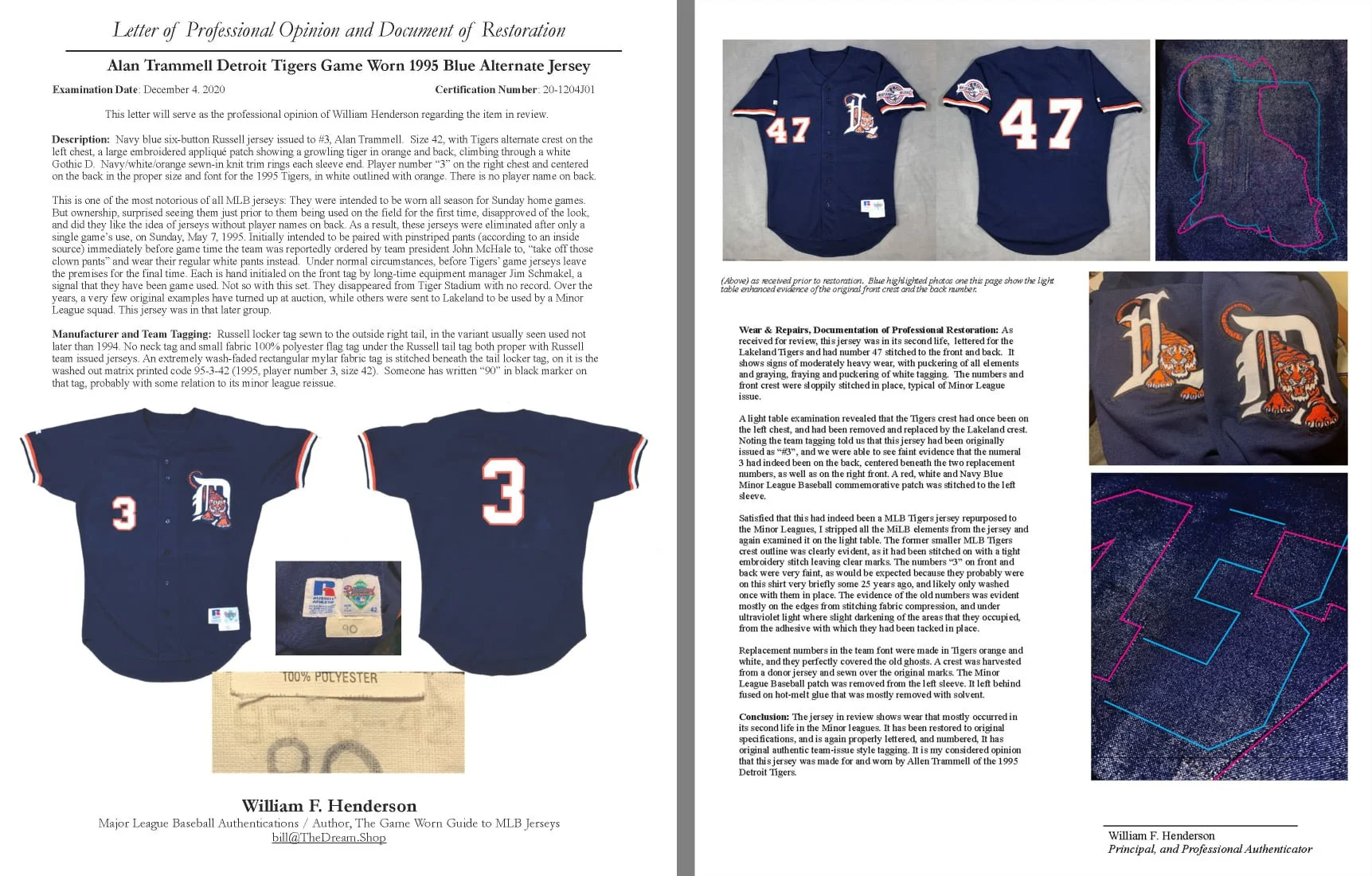 I fully documented the restoration and wrote up the authentication so that they next person looking at this on a light table would understand why there were ghosts of a 47 and a different team crest on the front. Without this step, the value of this 