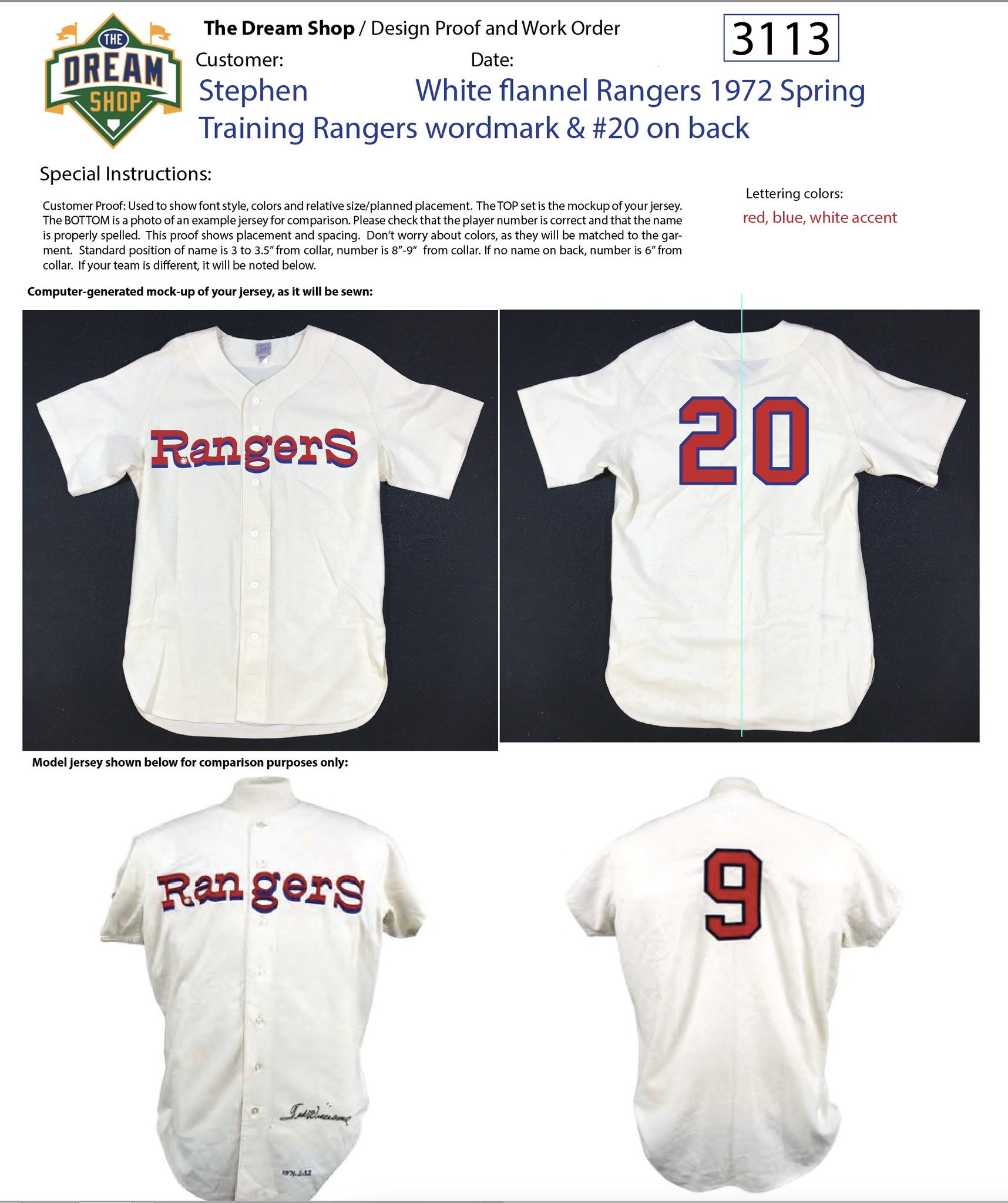 My source to draw the wordmark came from this well preserved example that had been worn by 1971 Senators-1972 Rangers manager Ted Williams! Here, my work order proof, prepared for the client’s approval before we do anything else… an essential step in