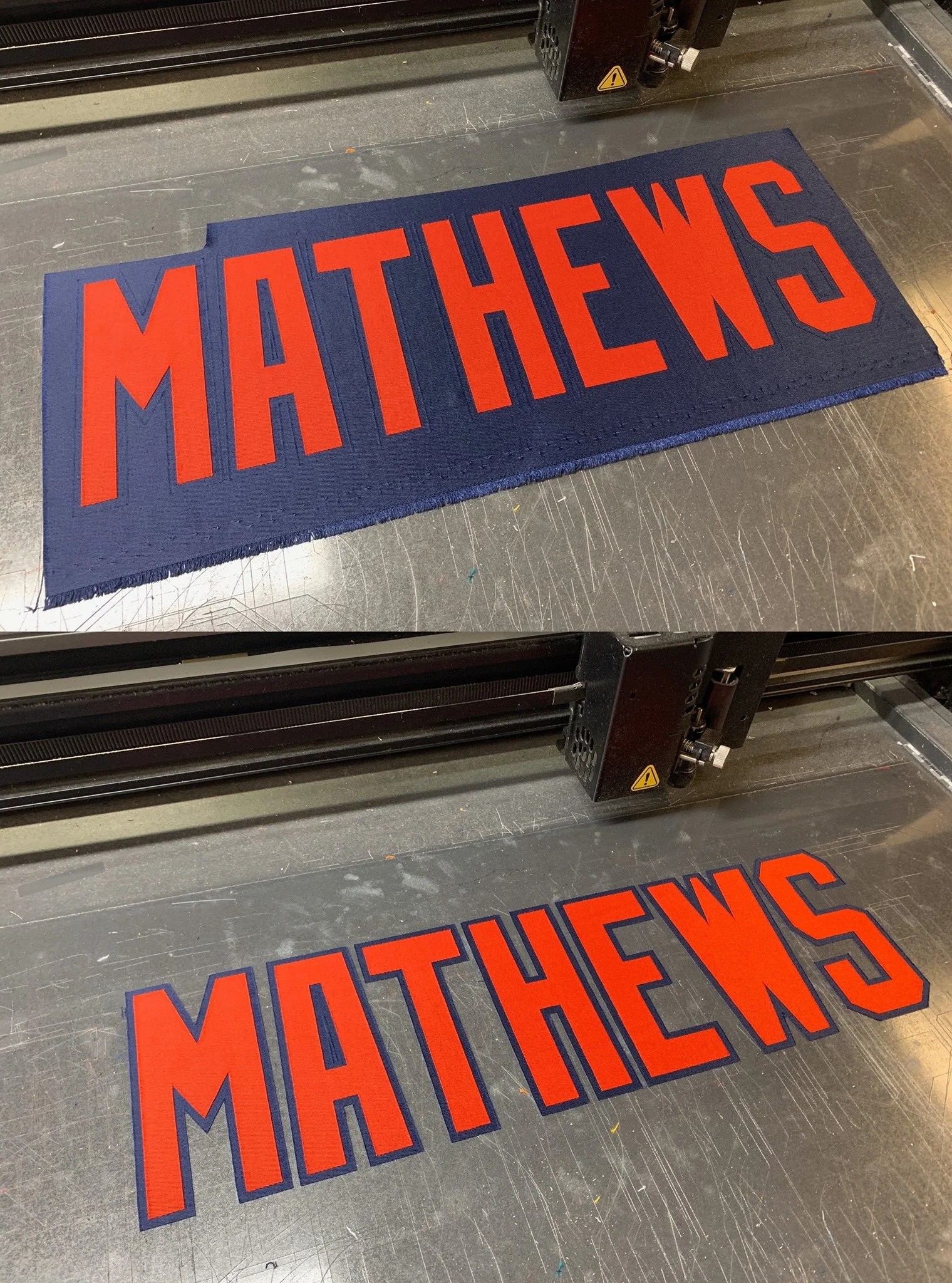 Next, I cut the lettering on the Ioline cutter. Both colors are cut in one pass for perfect alignment.
