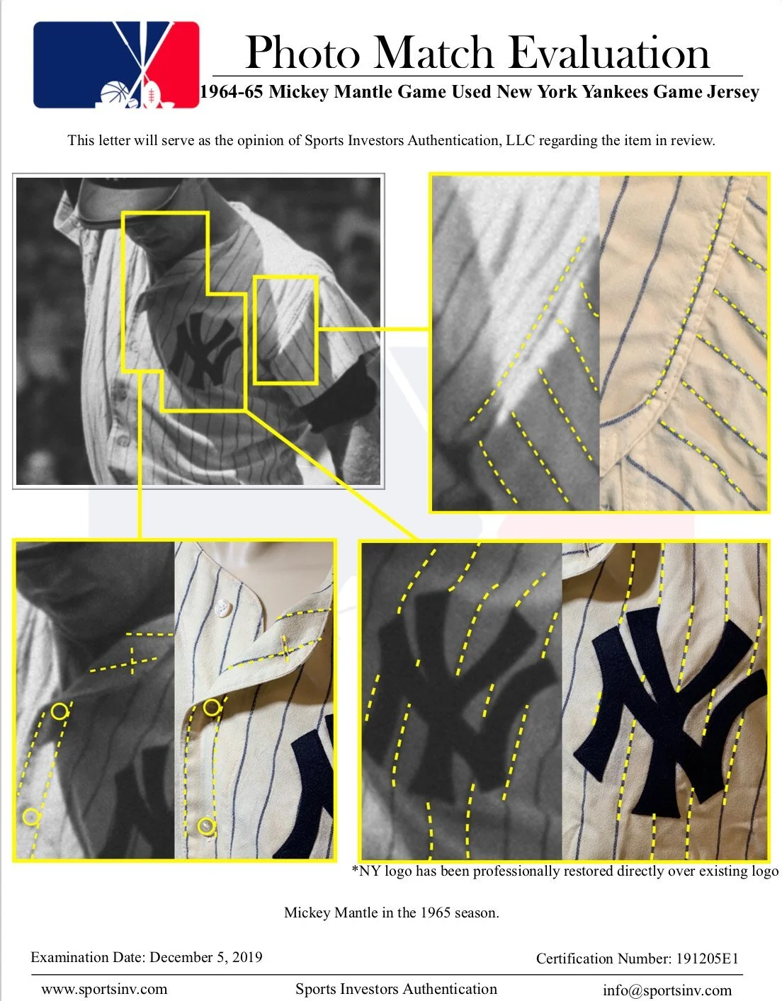 Based on the era, even though this jersey was tagged 1964, we knew to check photos from 1965 and even 1966 as this jersey may have served as a backup for Mantle. Everything must match: pinstripes, logo placement, seam alignment and even stitching. Af