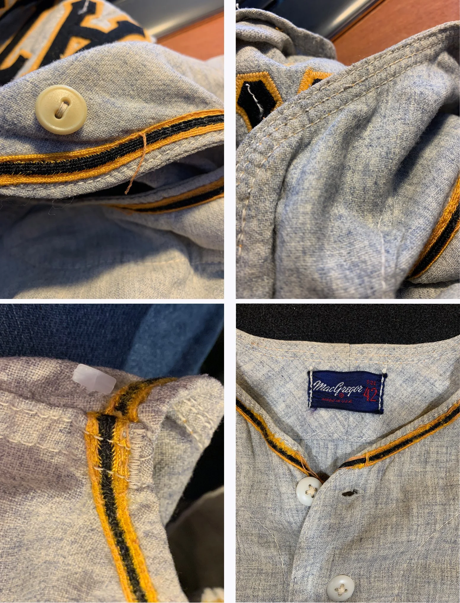 We start with taking dozens of detailed photos of the Clemente: all the stitching front and back, the trim placement in relation to the seams and the edges of the fabric, how it is inserted and pinched inside the seams of the garment which we’ll like