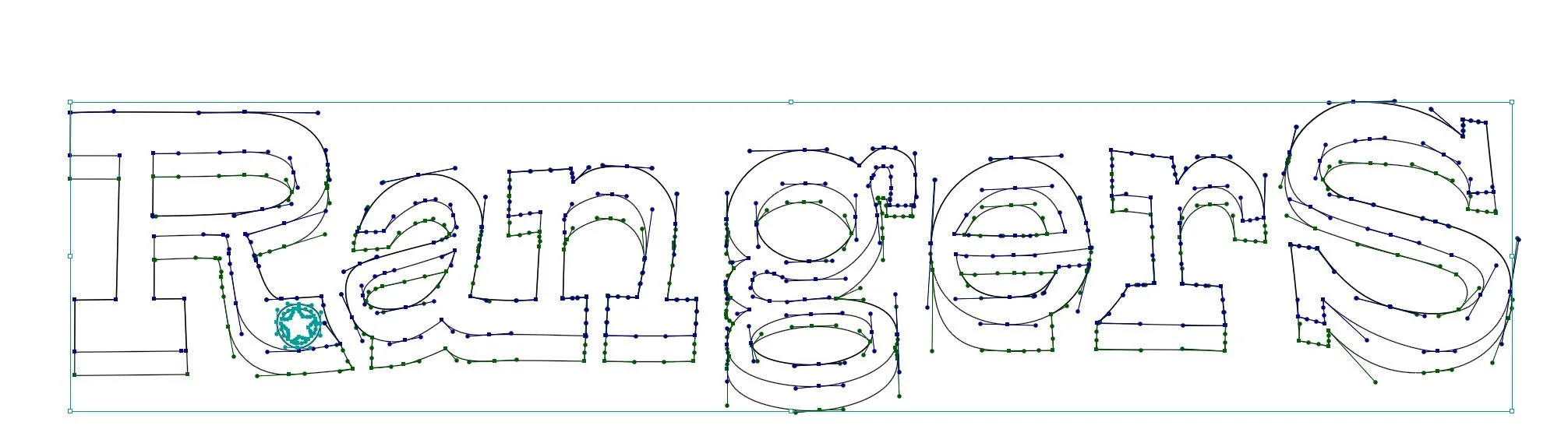 The fancy cowboy-themed red and blue wordmark for the 1972 flannel spring training Rangers was nearly flat across… not curved in an arch as it would appear on the Rangers new 1972 regular season double knits. Here, the vector art I created to drive t