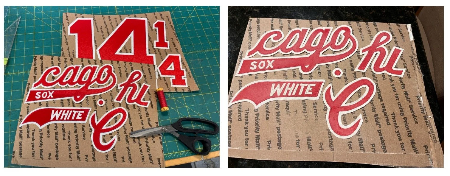 The next step is media blasting. Tacked firmly to cardboard, the lettering is placed into my full-sized blast cabinet and strafed with a hand-mixed compound of abrasives that dull the sheen of the twill, soften the edges and make it look like it’s be