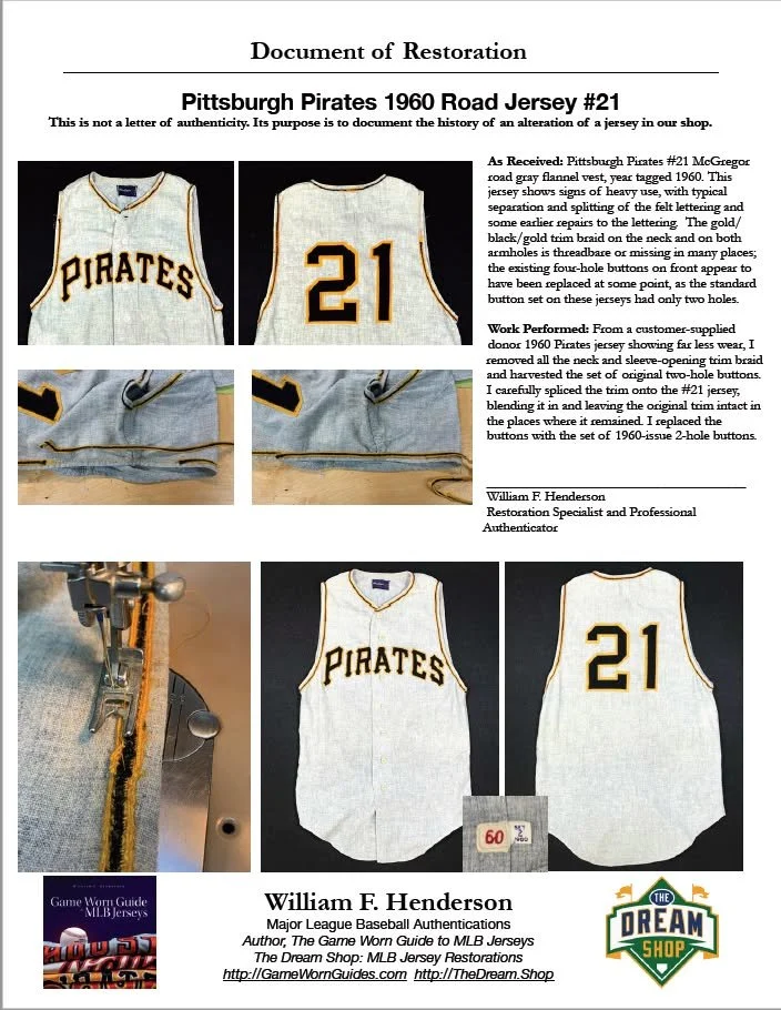 Finally, and this is so important— a Document of Restoration is completed and supplied with the restored jersey. It tells exactly what was done: when, and by whom. The importance of this is very simple. Any future collector who might want to purchase