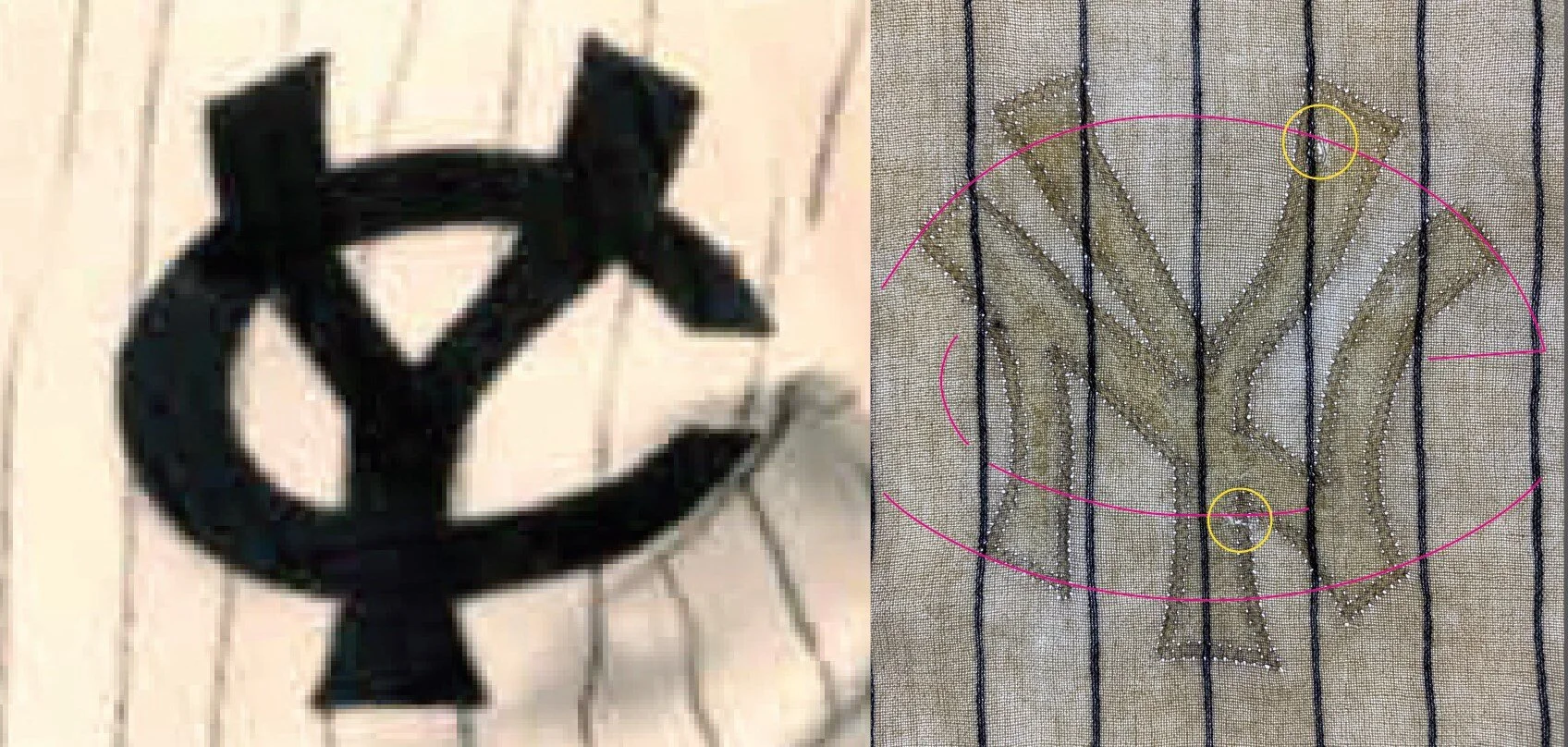 Now that we knew what we were looking for, spotting the edges of the discoloration on the left chest allowed us to pick out the points of the intersection of the Columbus Confederate Yankees crest that had been sewn there. 
There are also a few small