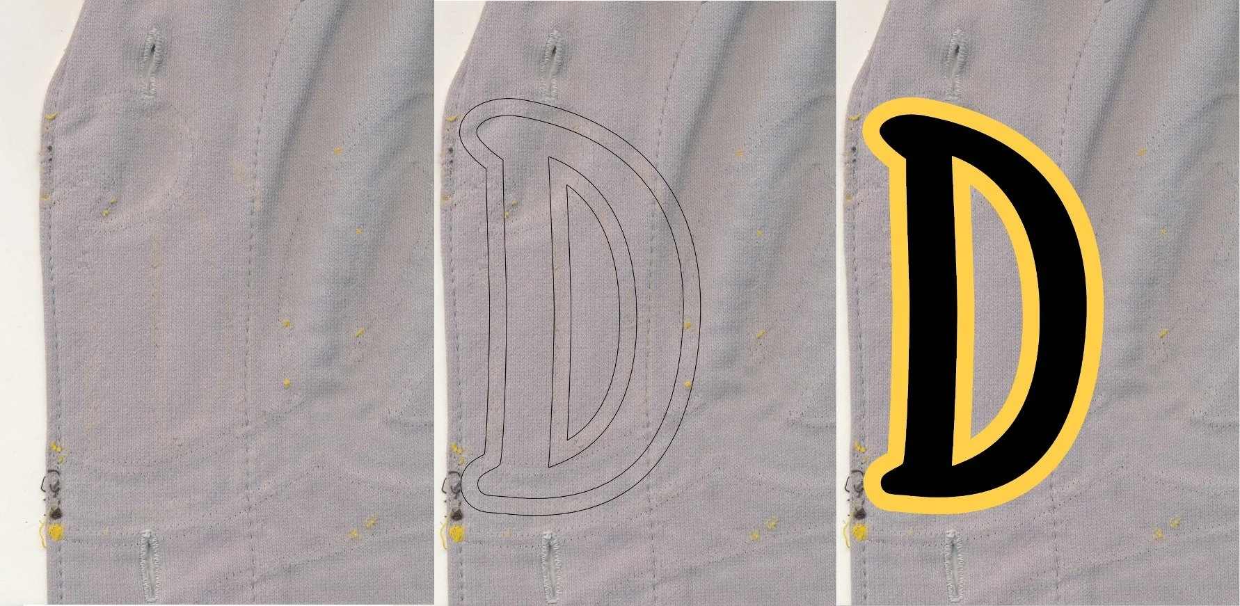 Removing the front script, it became immediately evident: The word “San Diego” had indeed been on there before! The clearest evidence was the burned in glue imprint of the center letter “D” in “Diego” that had been right on the button placket. As is 