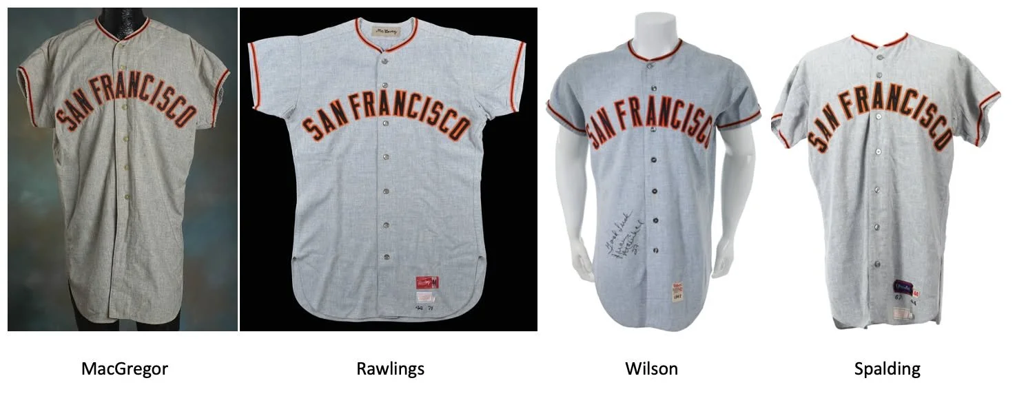 Four different manufacturers made San Francisco Giants road uniforms 1958-1966; MacGregor, Rawlings, Wilson and Spalding. Each used their own slightly different patterns for the front team crest, and each used their own style of back numbers. Life th