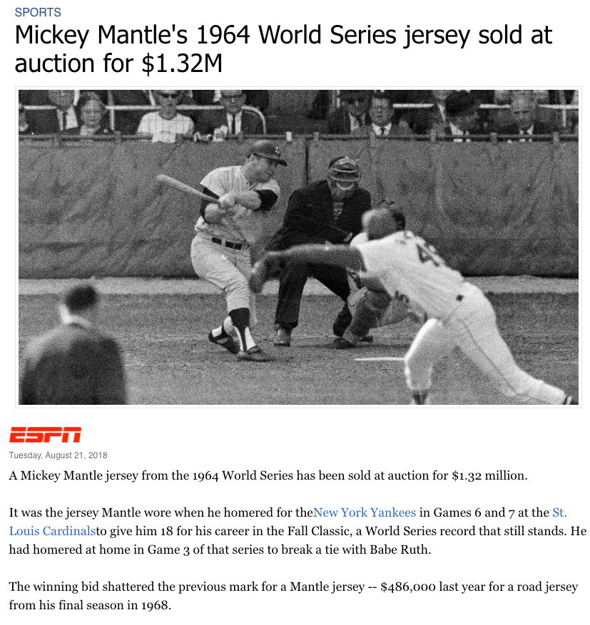 This was getting exciting! My search of auction catalogs showed that this one hadn’t made the public auction scene before, at least not in the past twenty years.  I also noted, with a gulp, that a corresponding 1964 Mantle ROAD jersey had sold at auc