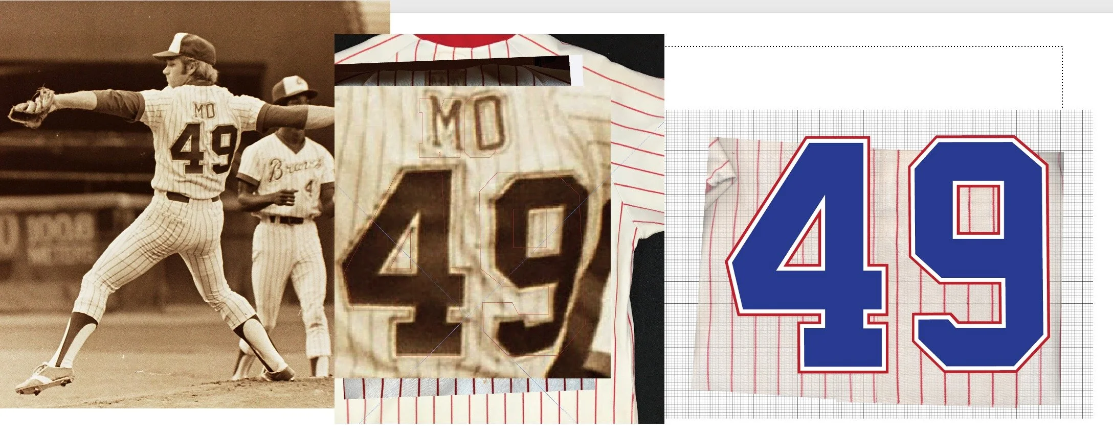 Almost unbelievably, this clear photo we have of Morton shows the entire back of his jersey. I was able to blow it up, I distorted it slightly to “flatten” its angle using Adobe Illustrator, then overlaid it onto the light table scan image of the jer