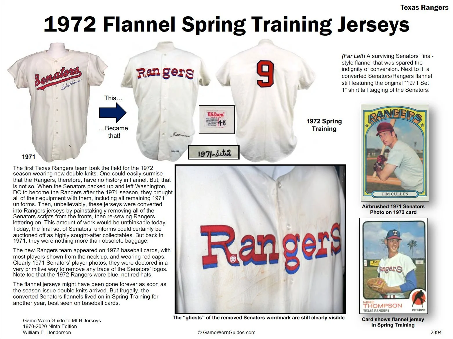A club with no money does things that today would be unthinkable…. And the new Rangers franchise needed uniforms to go to spring training with, so they stripped the Senators 1971 flannel uniforms and sewed the new Rangers wordmark on the front.