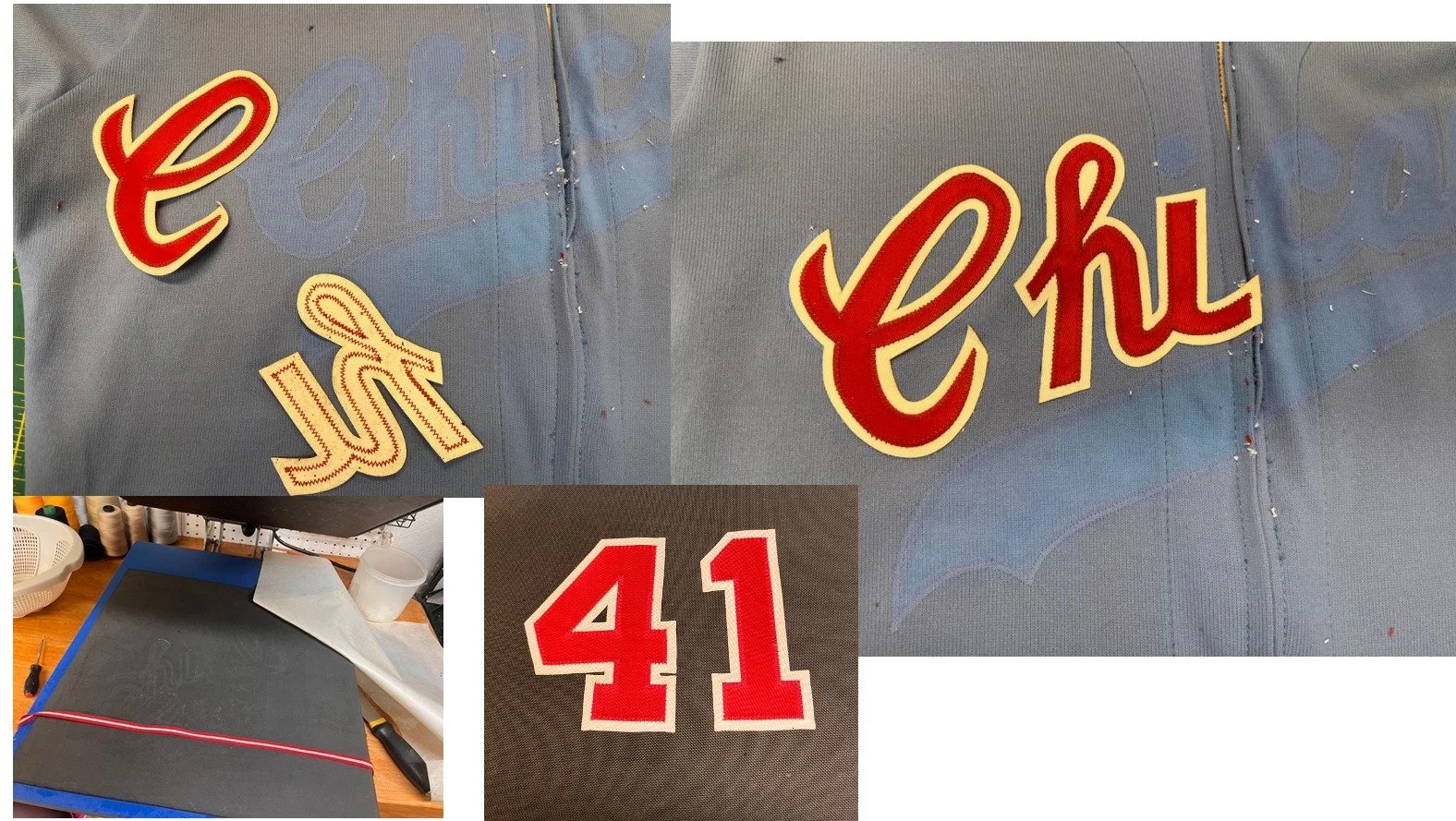 Once the dyeing is complete, I rinse and leave the lettering wet. Working with the newly clean jersey on the light table, I aggressively steam the cut and sewn lettering on the plate steamer to make it conform to the shapes of the ghosts on the shirt