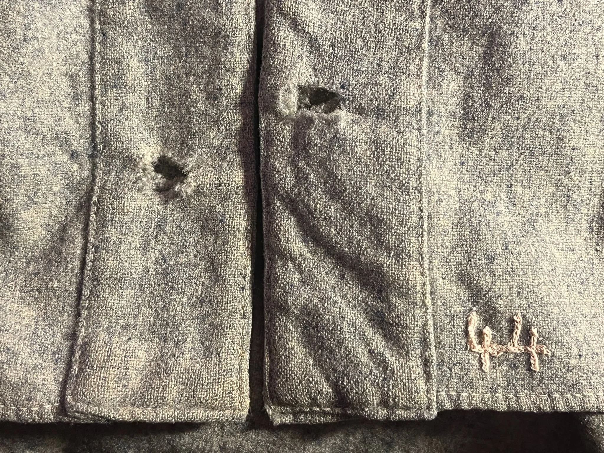 One has a small embroidery on the front tail that says 44. Not a year designation, No— this style of jersey was no longer used in 1944, these are far older. 44 must designate the size, measuring it confirms this idea as correct.