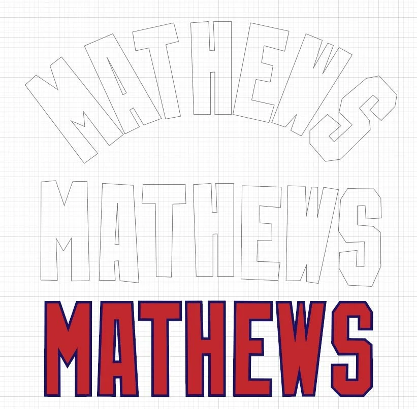 Here is the process of creating the pattern for the lettering. The top, arched example is a direct trace of the lettering from the scan. The middle example shows the letters arranged into a drunken line. The distortion that is so visible here is from