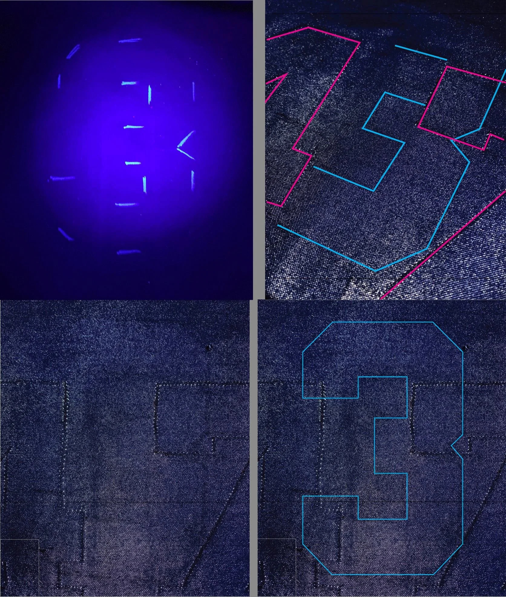 The numbers were much more difficult to see, looking straight on I could see nothing clearly, but I found if I tipped the light table at a very sharp angle, I could see faint lines of where fabric threads had been compressed closer together with sewi